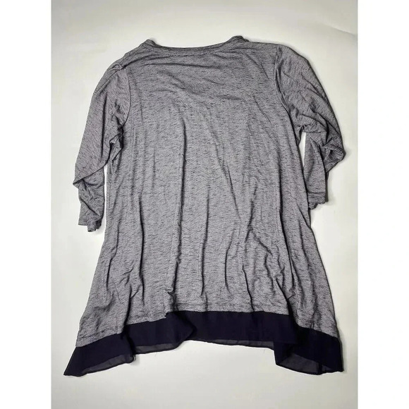 LOGO by Lori Goldstein Stripe Knit 3/4 Sleeve Blouse Asymmetrical Chiffon Trim - Picture 6 of 6